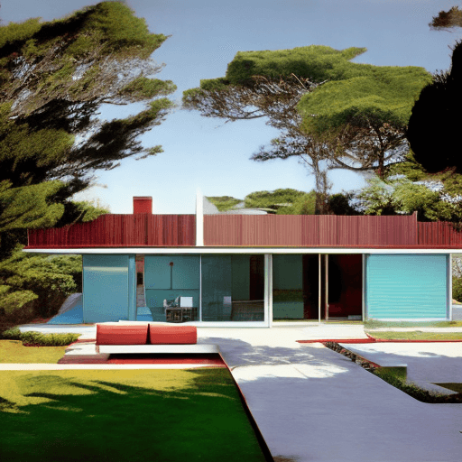 AI generated: Hyper realistic eye level exterior photo of a mid century modern style house overlooking the ocean, ...