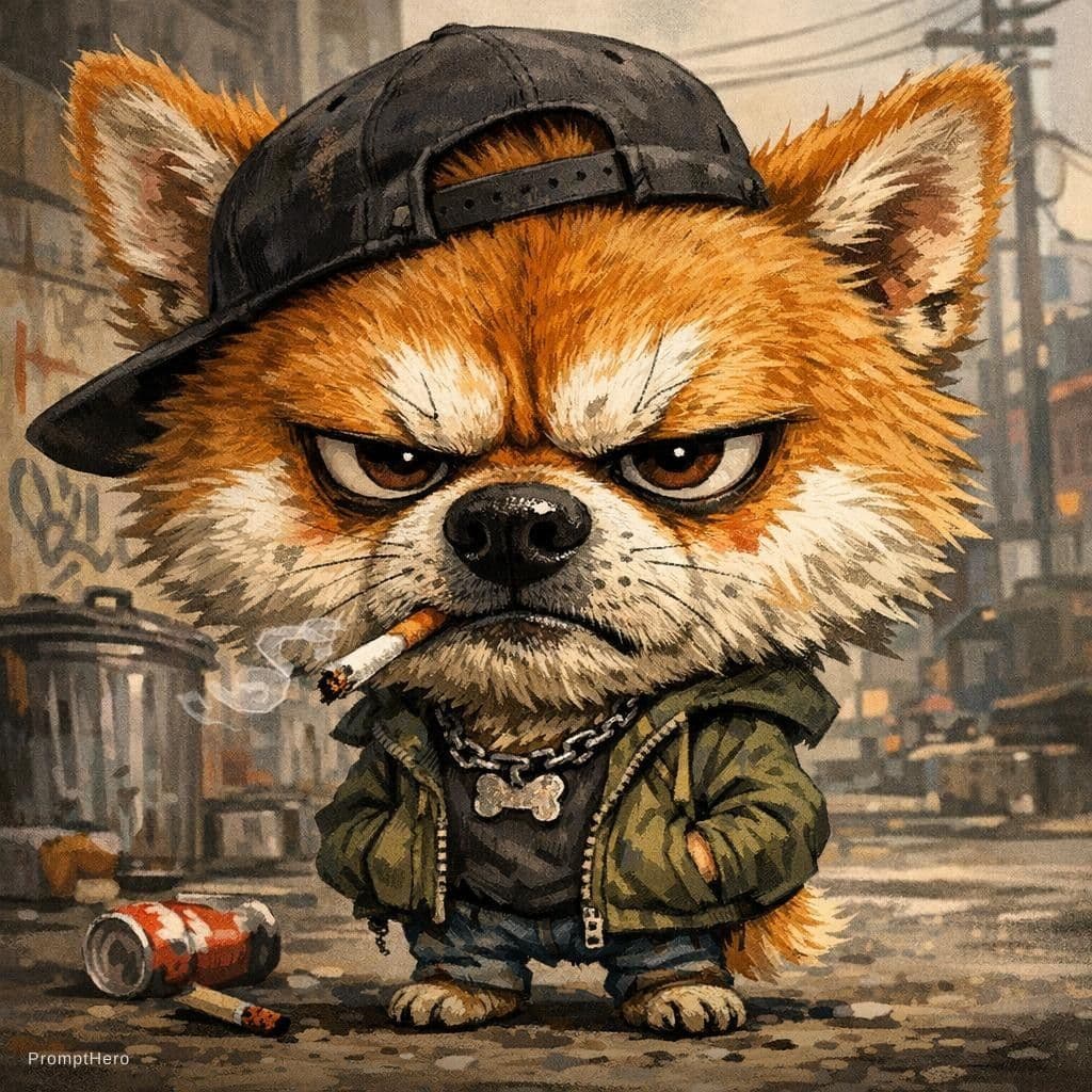 AI generated: funny caricature, grumpy urban Shiba dog, male, 7 years old, scruffy, streetwise, annoyed, small dog...