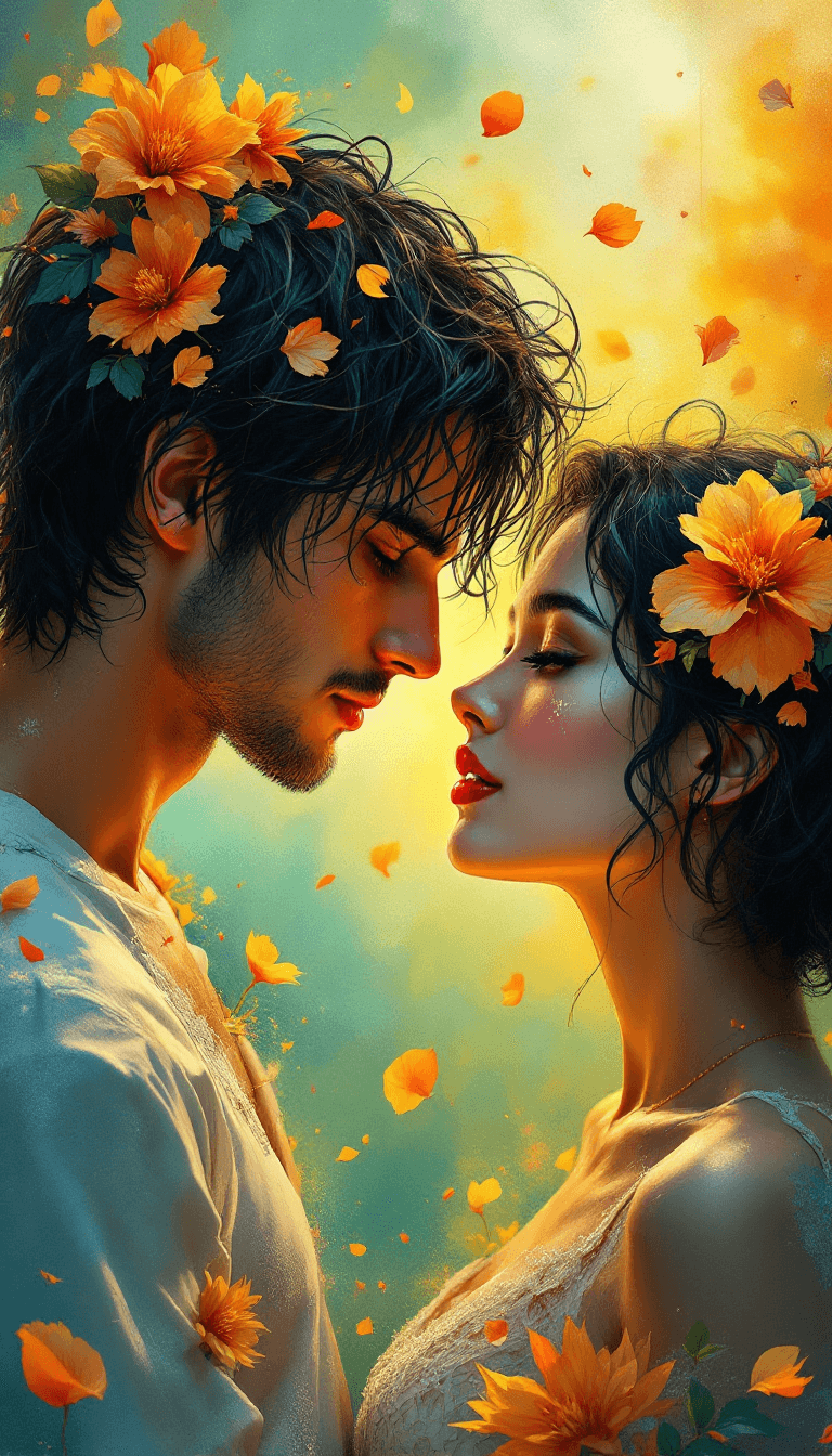 AI generated: A mesmerizing, painterly-style romantic portrait of a young couple standing face-to-face, their eyes...