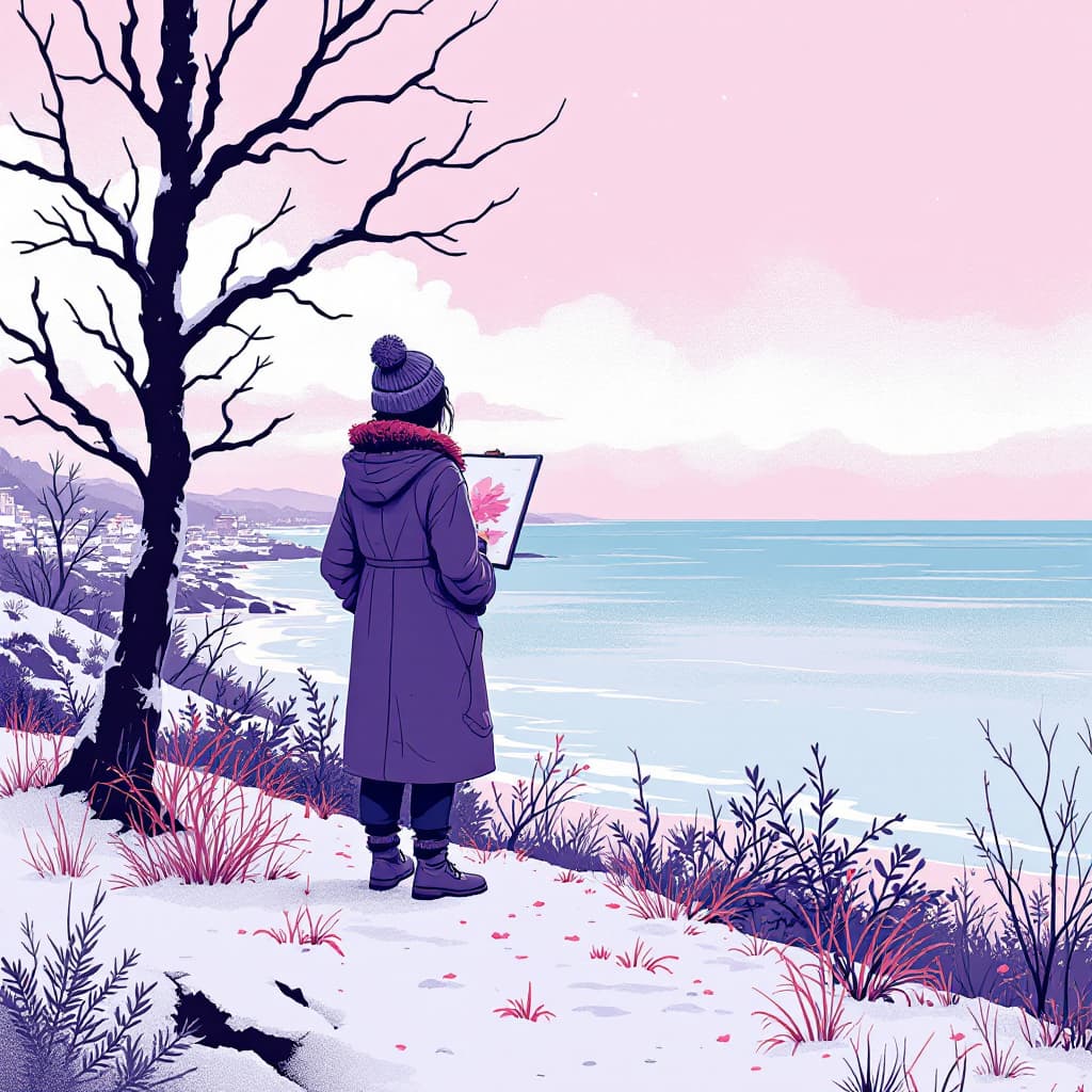 AI generated: Flat illustration, line art, Types of Minimalists, a female artist painting, standing by the sea bes...