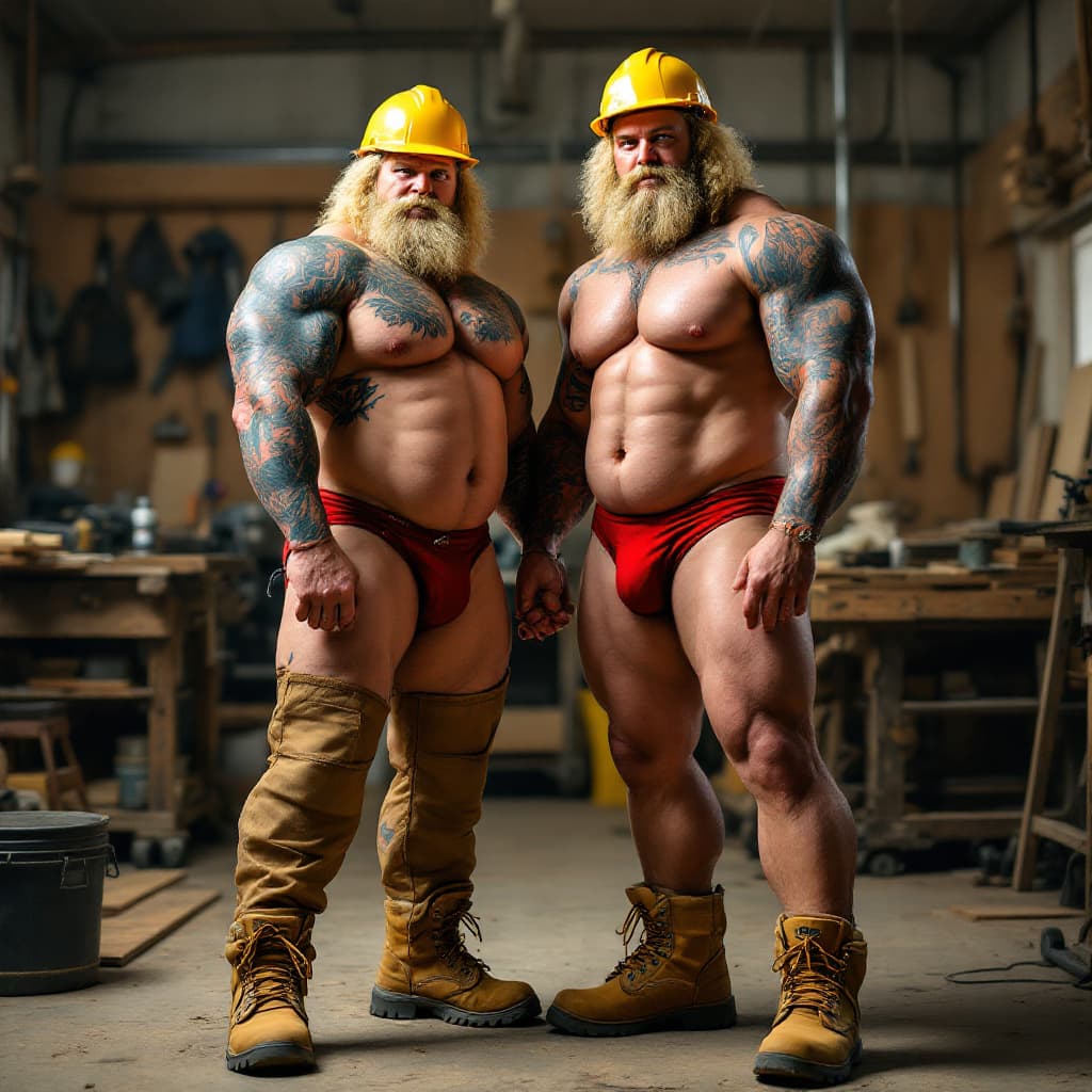 AI generated: Full body view, Two muscular men, curly blonde mullets, Lots of tattoos, yellow hard hats,
Standing ...