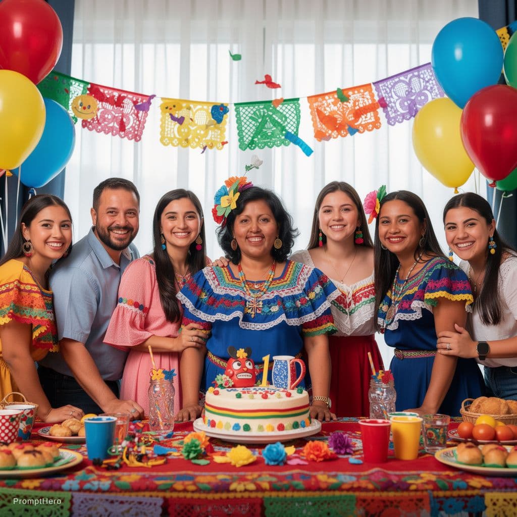 AI generated: Happy birthday celebration Mexican traditional birthday with friends