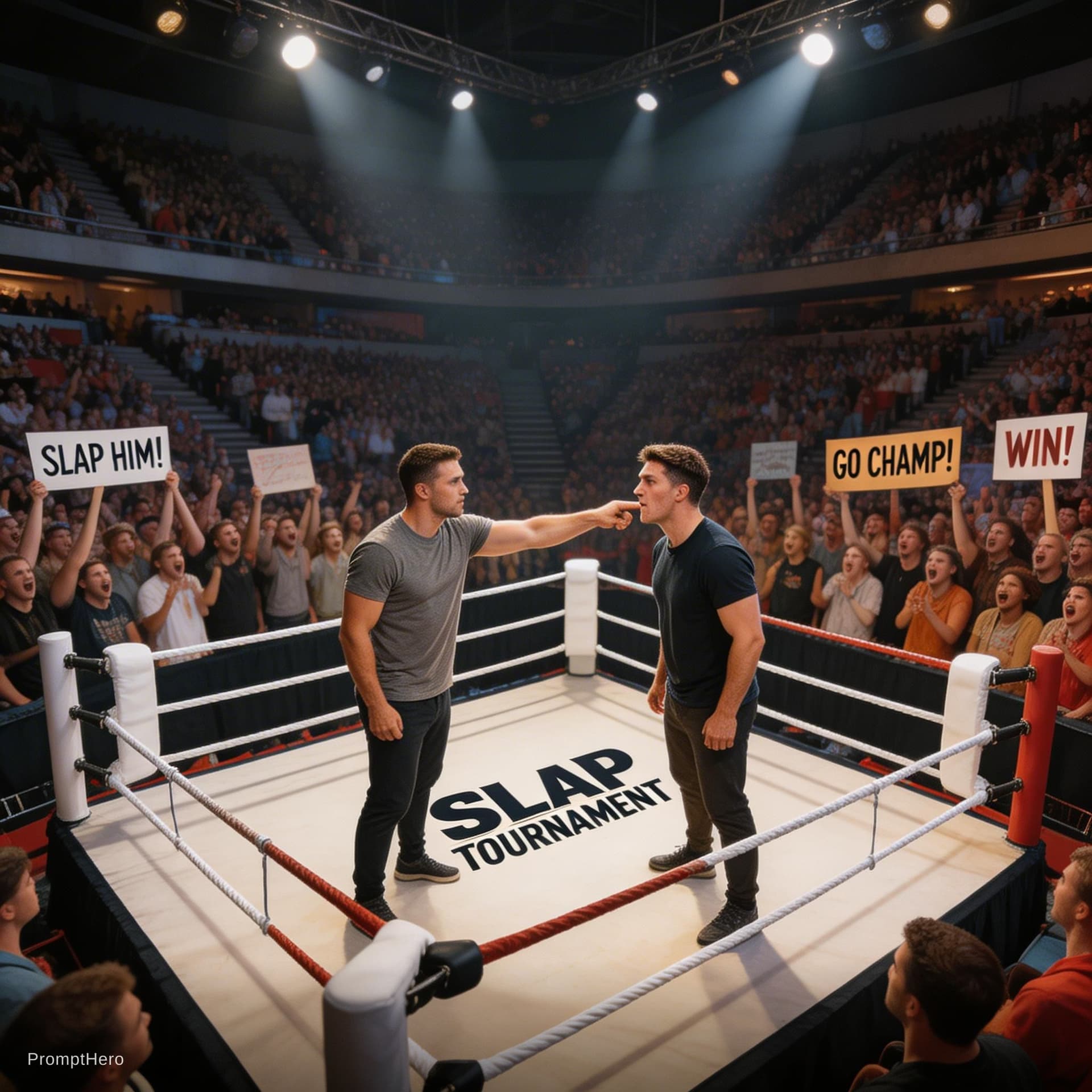 AI generated: slap game in a big ring with audience
