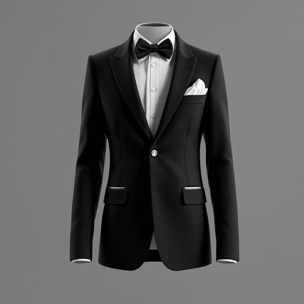 AI generated: Front view of a blazer, tailored fashion design, featuring a bowtie and pocket square at the lapel, ...