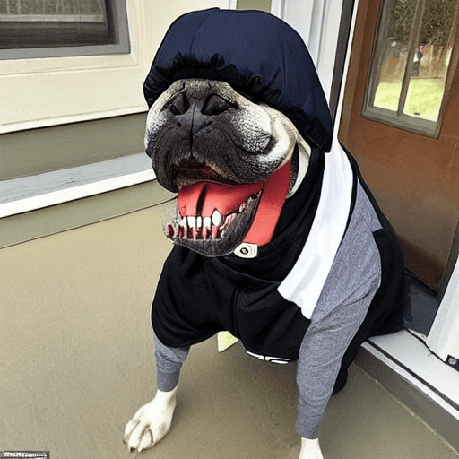 AI generated: Hyper realistic dog wearing a face mask and dressed in black spying a on a blue house down the block...