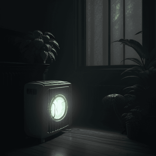 AI generated: home radiator that consumes energy , in the detailed dark forest ,the floor below the radiator rotte...