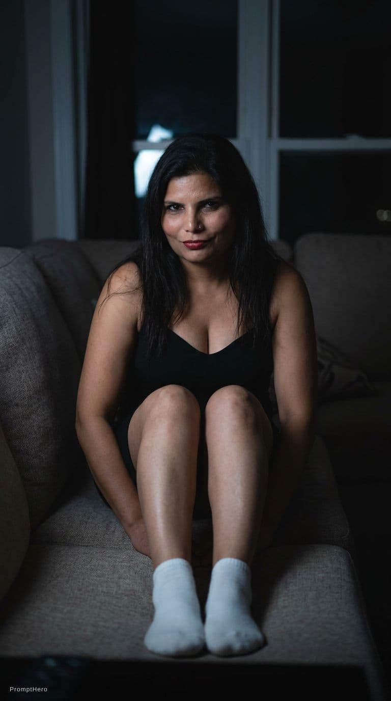 AI generated: looking at me. Sitting on a couch at night(no lights), wearing same cleavage bodycon dress and white...