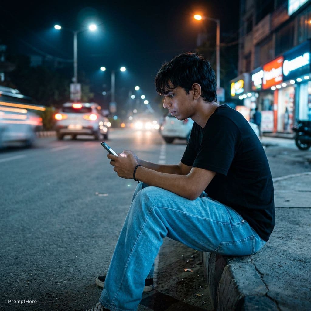 AI generated: Create a night vibes photo and place is road 🛣️ and different pose 