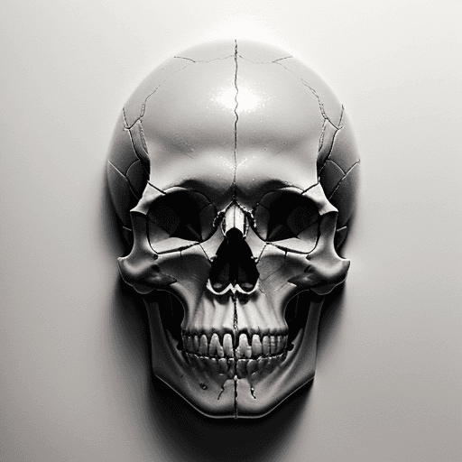 AI generated: pencil drawing, human skull CPU implanted, front lighting, detailed shadows, left top front view