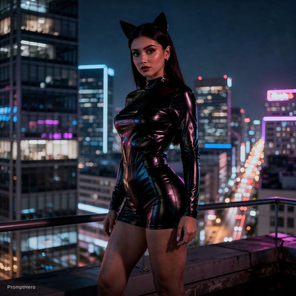 AI generated: A beautiful woman, light dark skin, cat ears, black sport latex short, black latex sport top, full h...