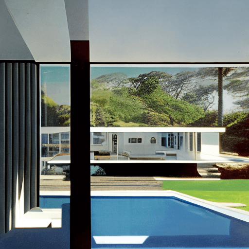 AI generated: Hyper realistic eye level exterior photo of a mid century modern style house overlooking the ocean, ...
