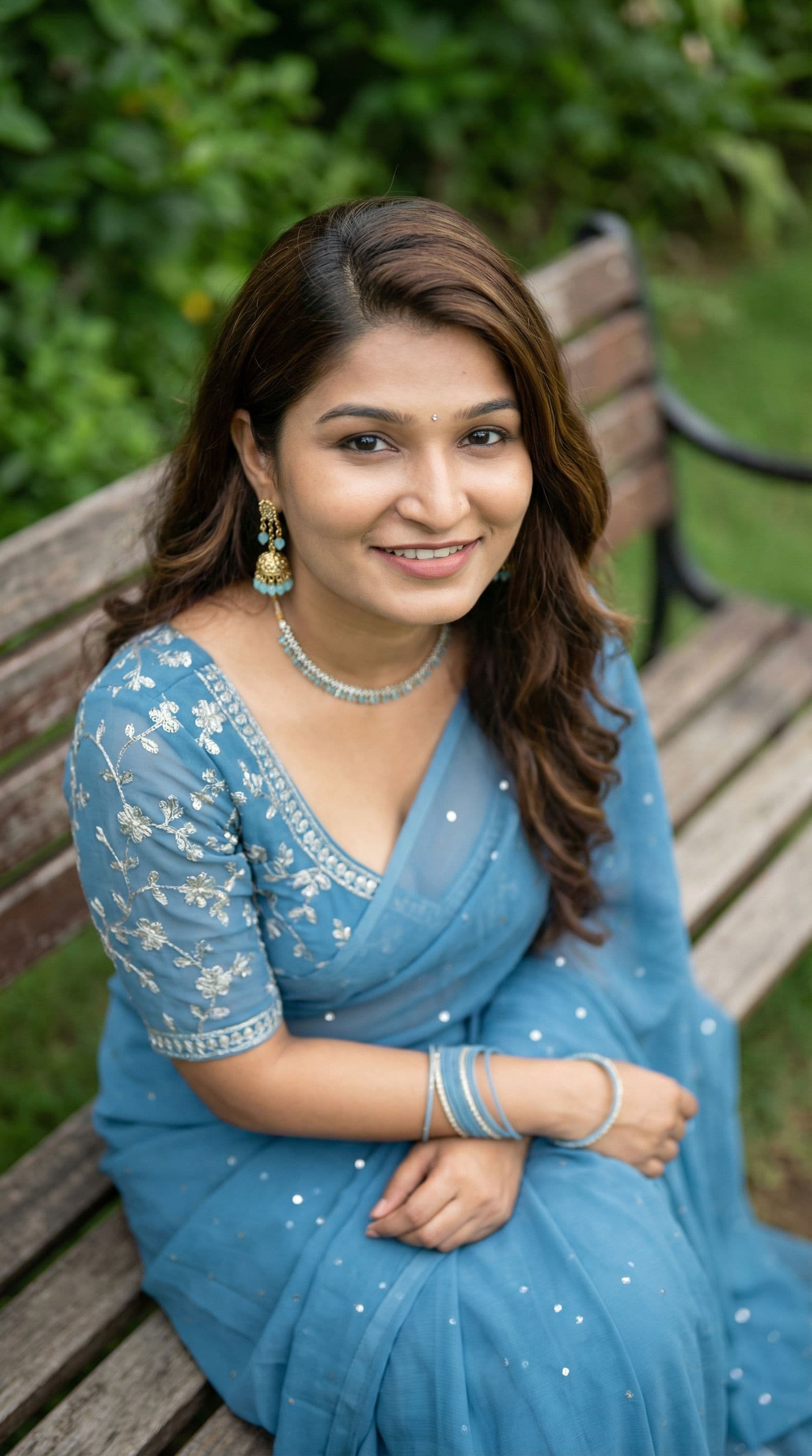 AI generated: Indian woman, fair healthy skin, side-parted long wavy hair. Deep sky-blue sheer chiffon saree with ...