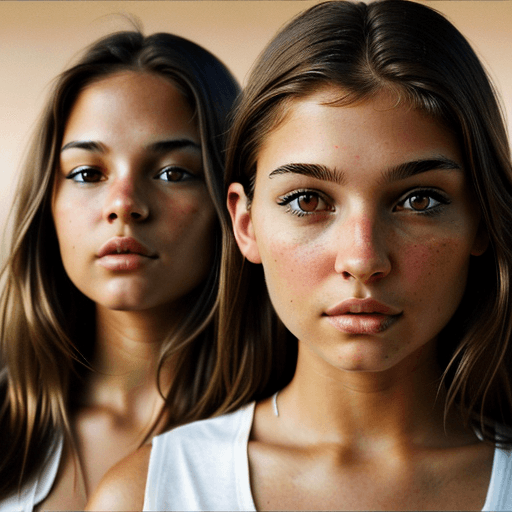 AI generated: brown calm amstaff face next to white girl face, high quality photo, girl with brown eyes, light bro...