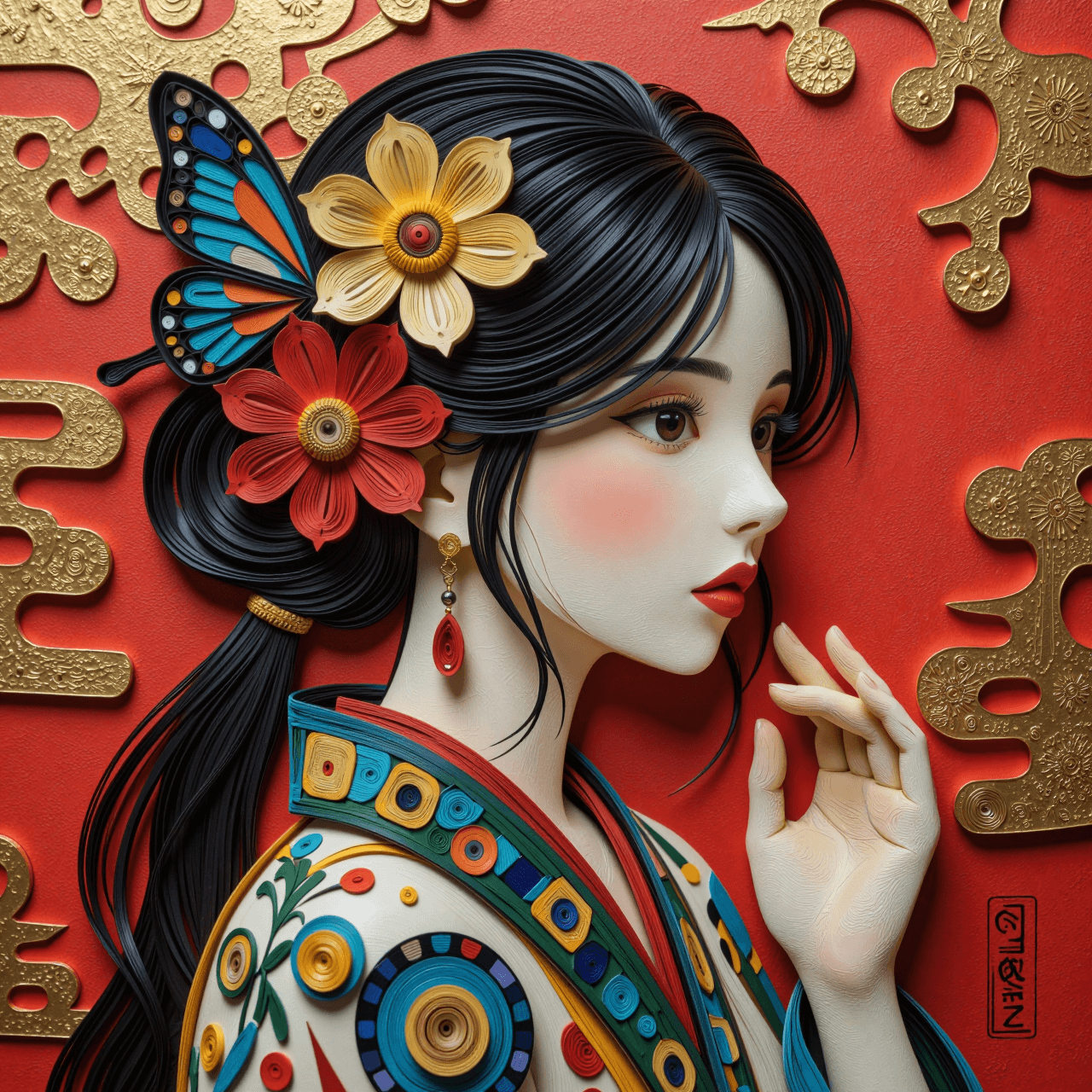 AI generated: Digital papercraft / quilling art portrait of myself in profile. The figure is built entirely from i...