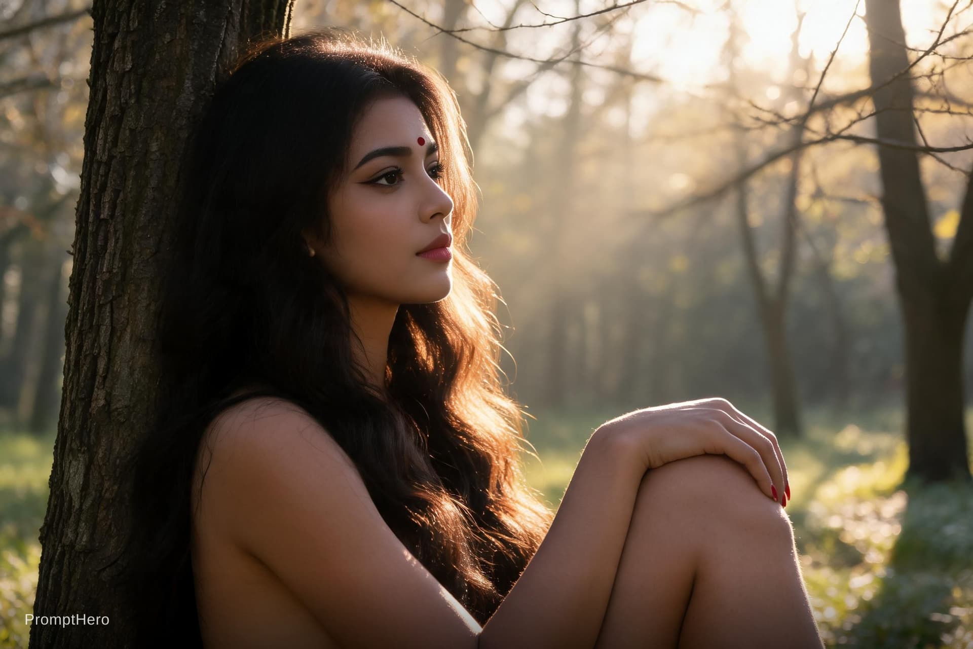 AI generated: A full-body, photorealistic cinematic portrait of a topless woman seated in a sun-drenched forest cl...