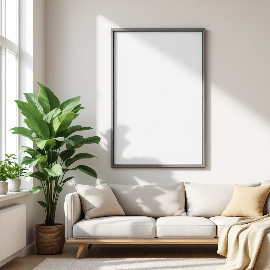 AI generated: A realistic, minimalistic living room with modern furniture in neutral tones, complemented by lush, ...
