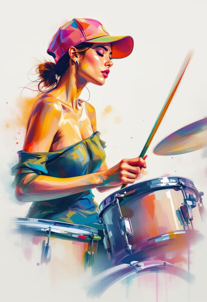 AI generated: Sketch Art, Beautiful Colored Pencil Line, Artistic Brush Strokes, Beautiful, Woman in Cap Playing D...