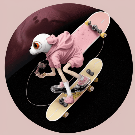 AI generated: Image of a inhabitant of Pluto, with three legs, five eyes and pink color driving a skateboard