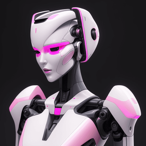 AI generated: A futuristic robot with a bionic, ceramic, glossy pink face, depicted from the front view. The robot...