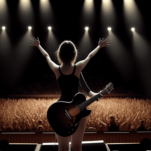 AI generated: A lone figure stands center stage, bathed in the warm glow of stage lights. With a guitar strapped a...