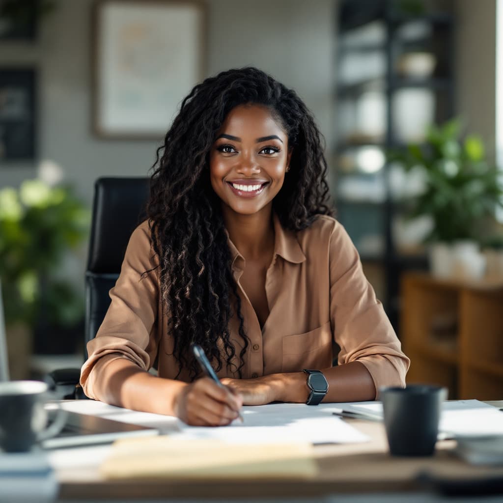 AI generated: a chocolate lady about 60kg in weight and 5 foot 3, sitting in a well lit office 