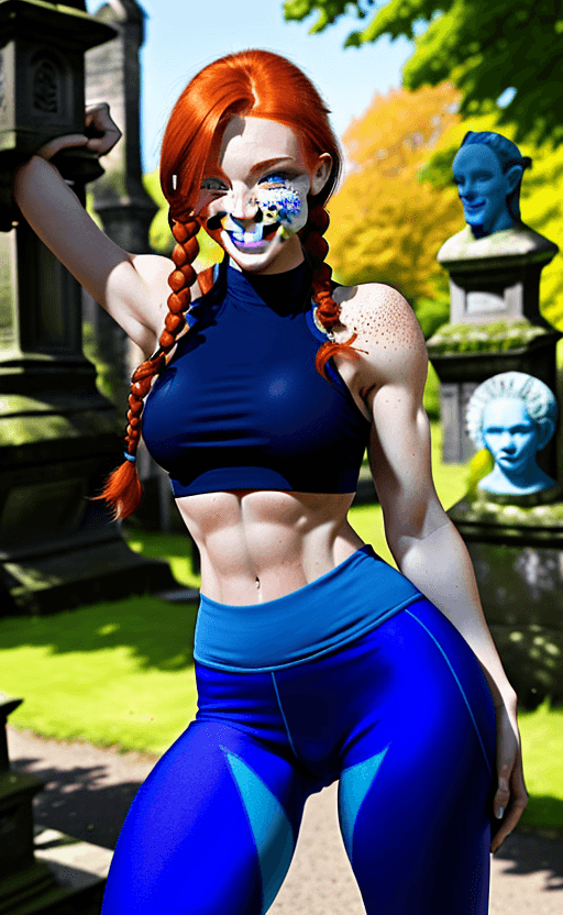 AI generated: gorgeous redhead woman with freckles and blue skin, wearing yoga pants and a tight top, slim and ton...