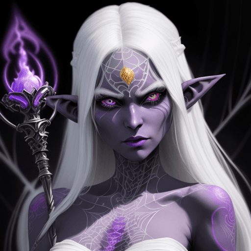 AI generated: ((extreme detail)),(ultra-detailed), female, villain, drow elf, mystic, purple skin, white eyes, red...