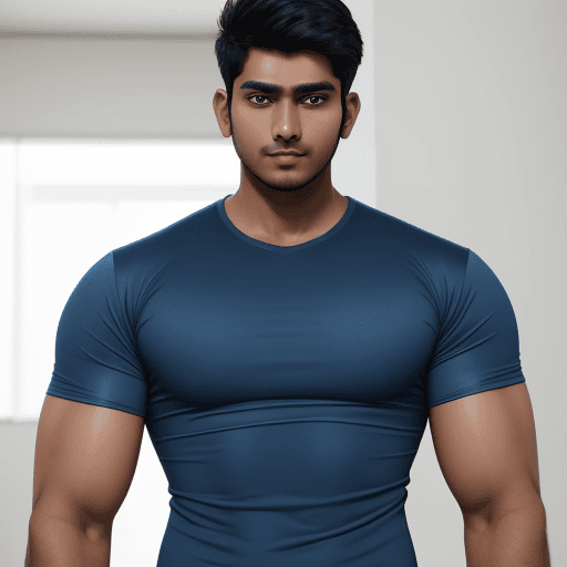 AI generated: an indian male age 26, broad shouldered, very muscular, 2 meters tall , chrome skin, sleevelesss blu...