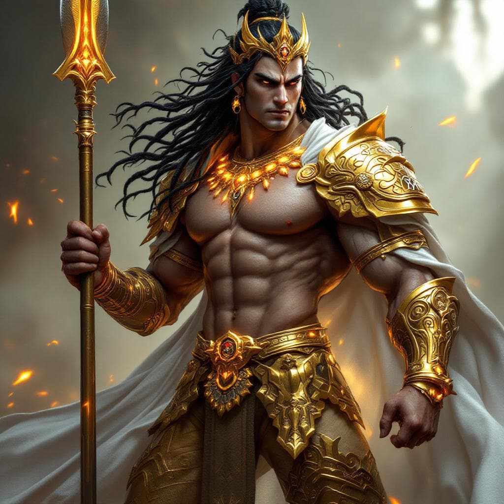 AI generated: an ultra-realistic, full-body portrait of a captivating Indra with 2 hands carrying a gigantic spear...