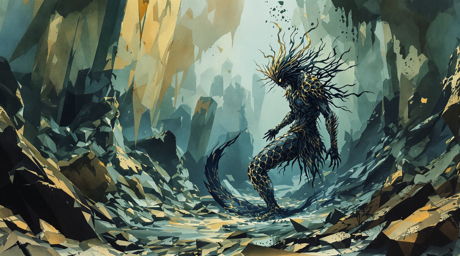 AI generated: Image is a cinematic, moody watercolor ink wash illustration featuring, underwater, verdigris, The o...