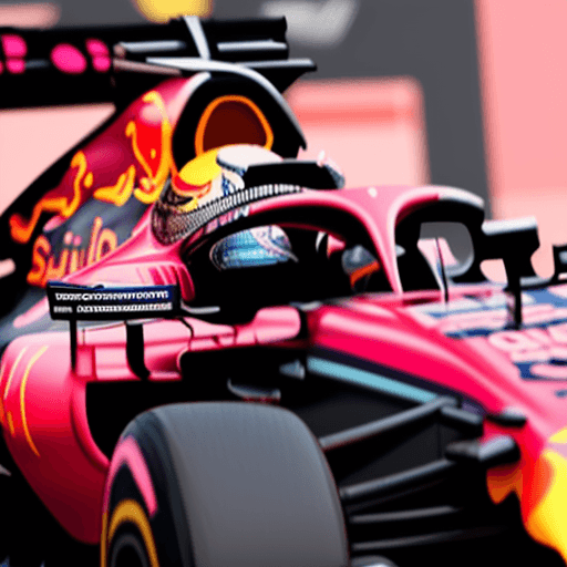 AI generated: F1 driver Max Verstappen wearing pink clothes, like in a Barbie World. In the background there is th...