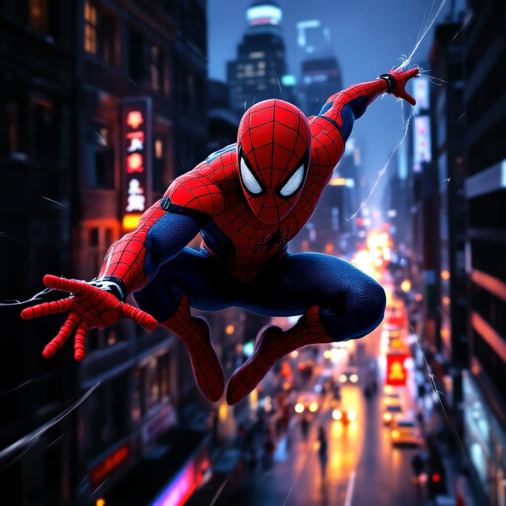 AI generated: Spiderman flying through the streets of a night metropolis of a modern metropolis. Hyperrealistic sp...
