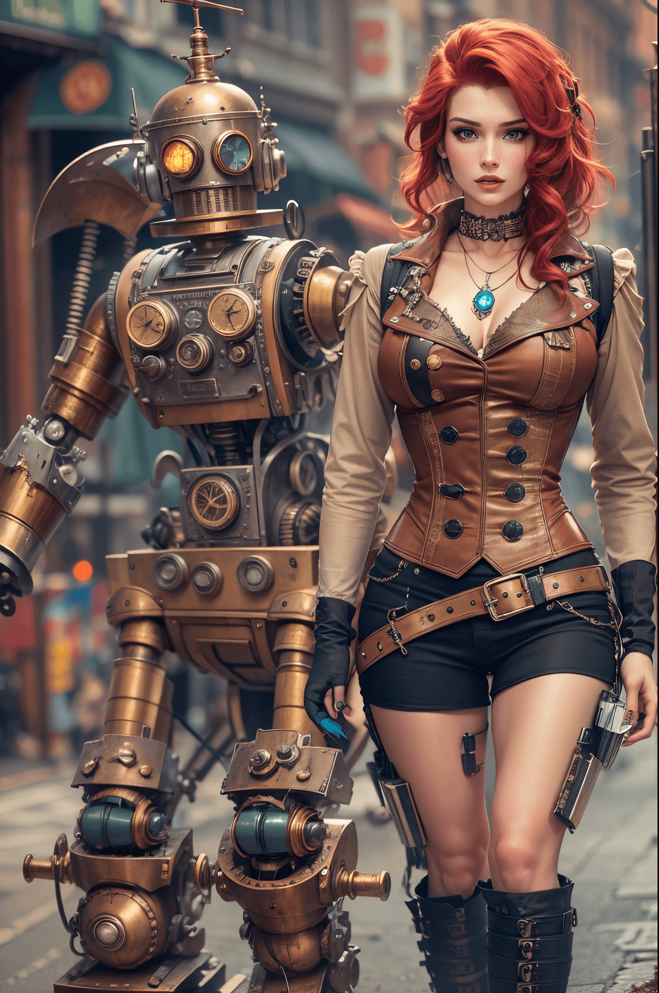 AI generated: Bella Thorne as a sexy busty steampunk girl with red hair leading a steampunk robot down a steampunk...