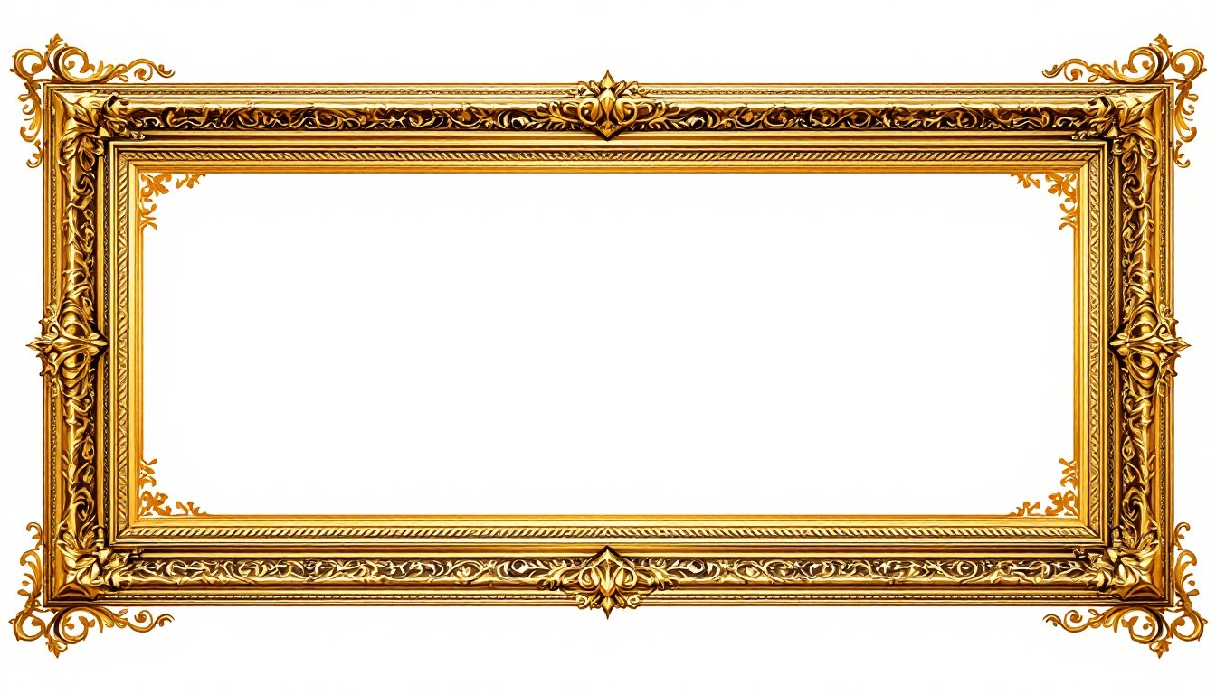 AI generated: A simple, elegant rectangular gold frame with intricate details, designed in an epic fantasy style. ...