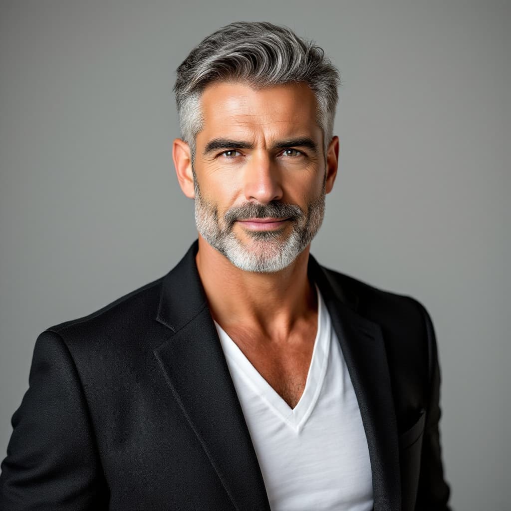 AI generated: Professional studio photo of a 49-year-old white American man, faded grey side part hair, clean-shav...