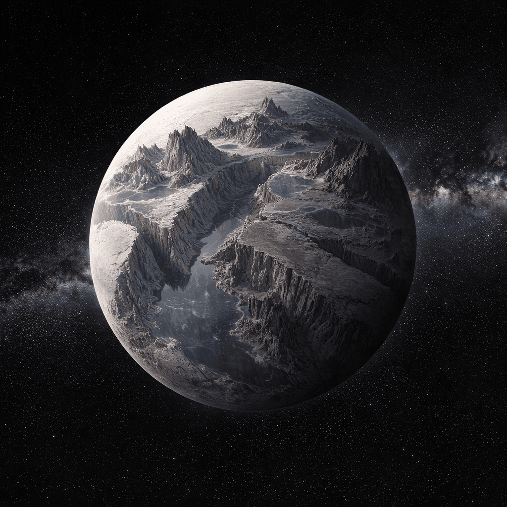 AI generated: A light grey planet in full view with valleys of flat smooth clear crystal and long deep canyons and...
