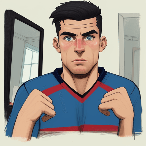 AI generated: An old school football (soccer) player sees himself in the mirror with a modern look (just the image...