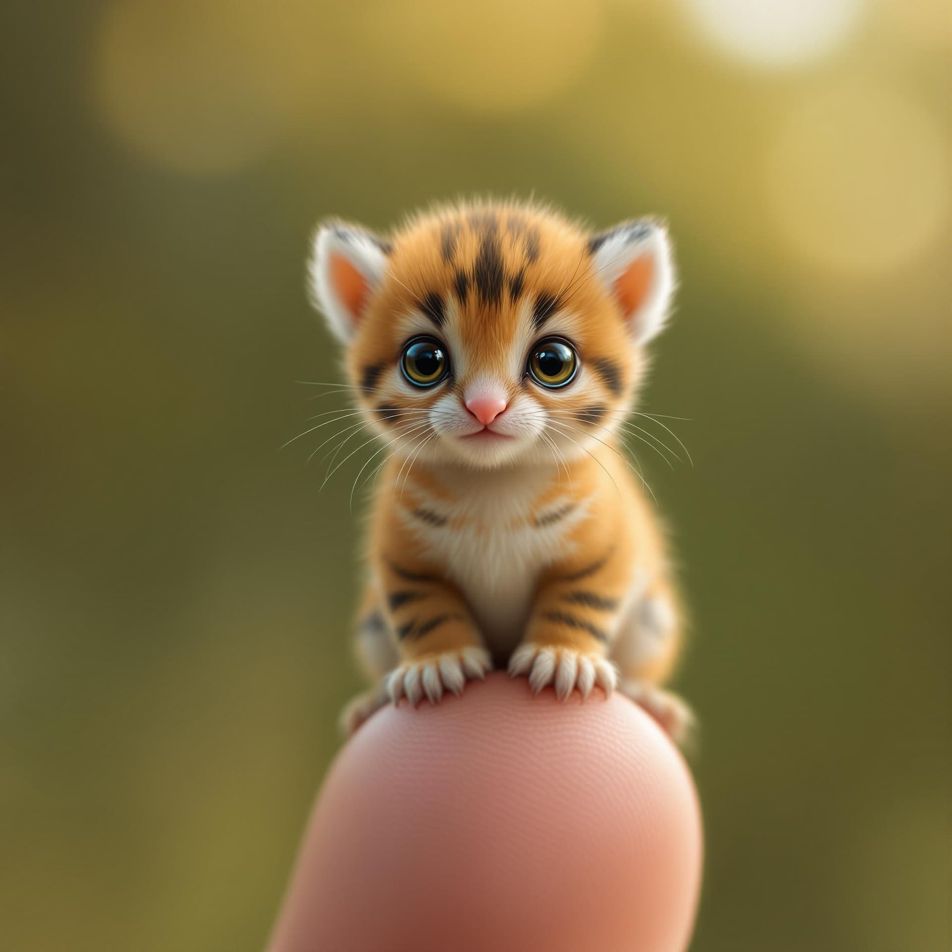 AI generated: A hyper-realistic digital rendering of an impossibly tiny hen cub perched on a human fingertip. The ...