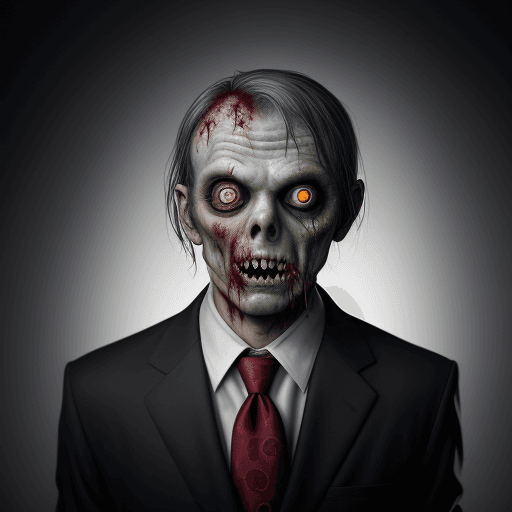 AI generated: zombie, depicted as aruthless CEO of a Fortune 500 company, surrealism, Sony FE 70-200mm f/2.8 GM OS...