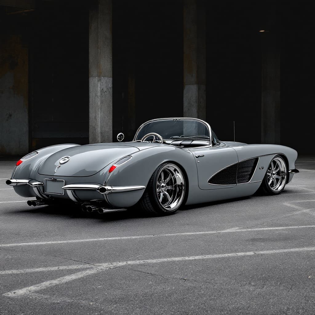 AI generated: Hyper realistic 1959 chevy corvette covertabile, side rear top view, gray color, restomod with after...