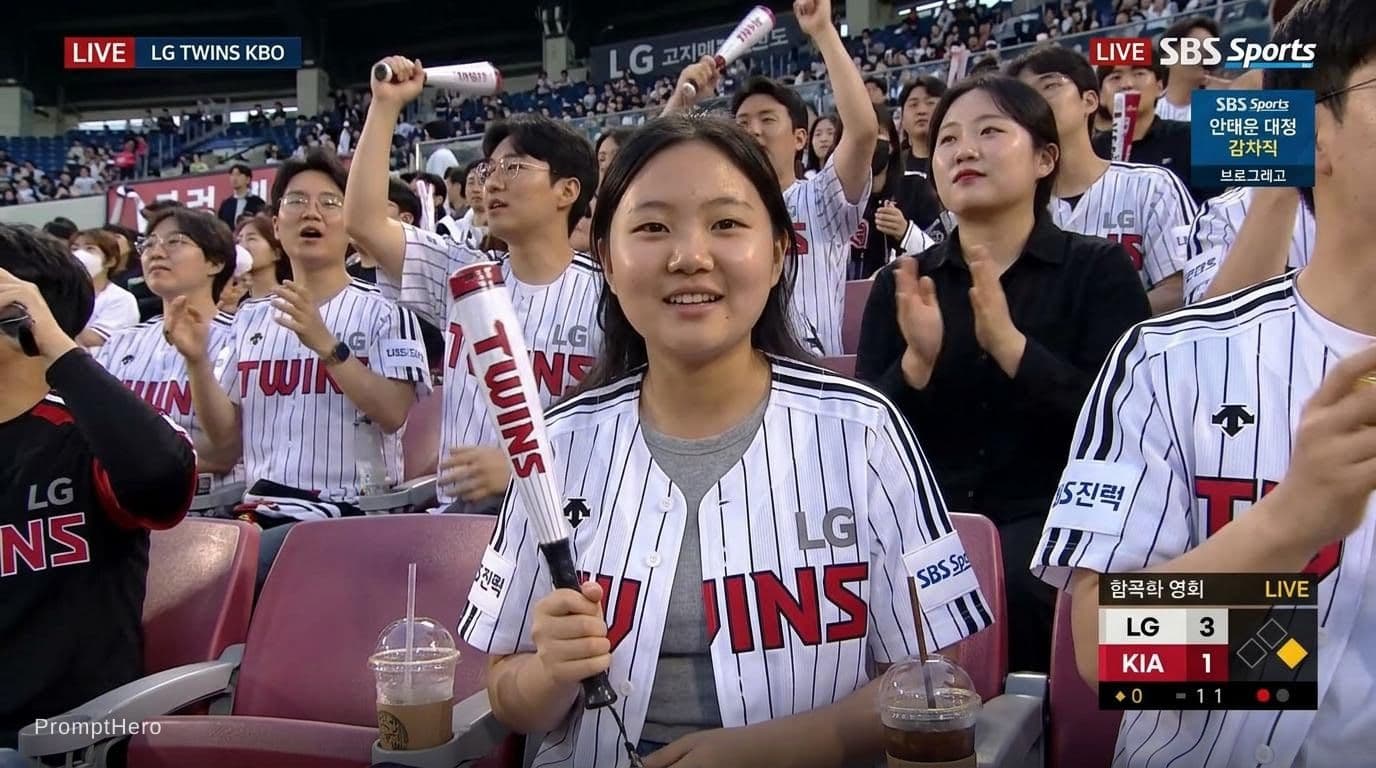 AI generated: Create an ultra-realistic candid KBO baseball broadcast screenshot of the same woman accidentally ca...