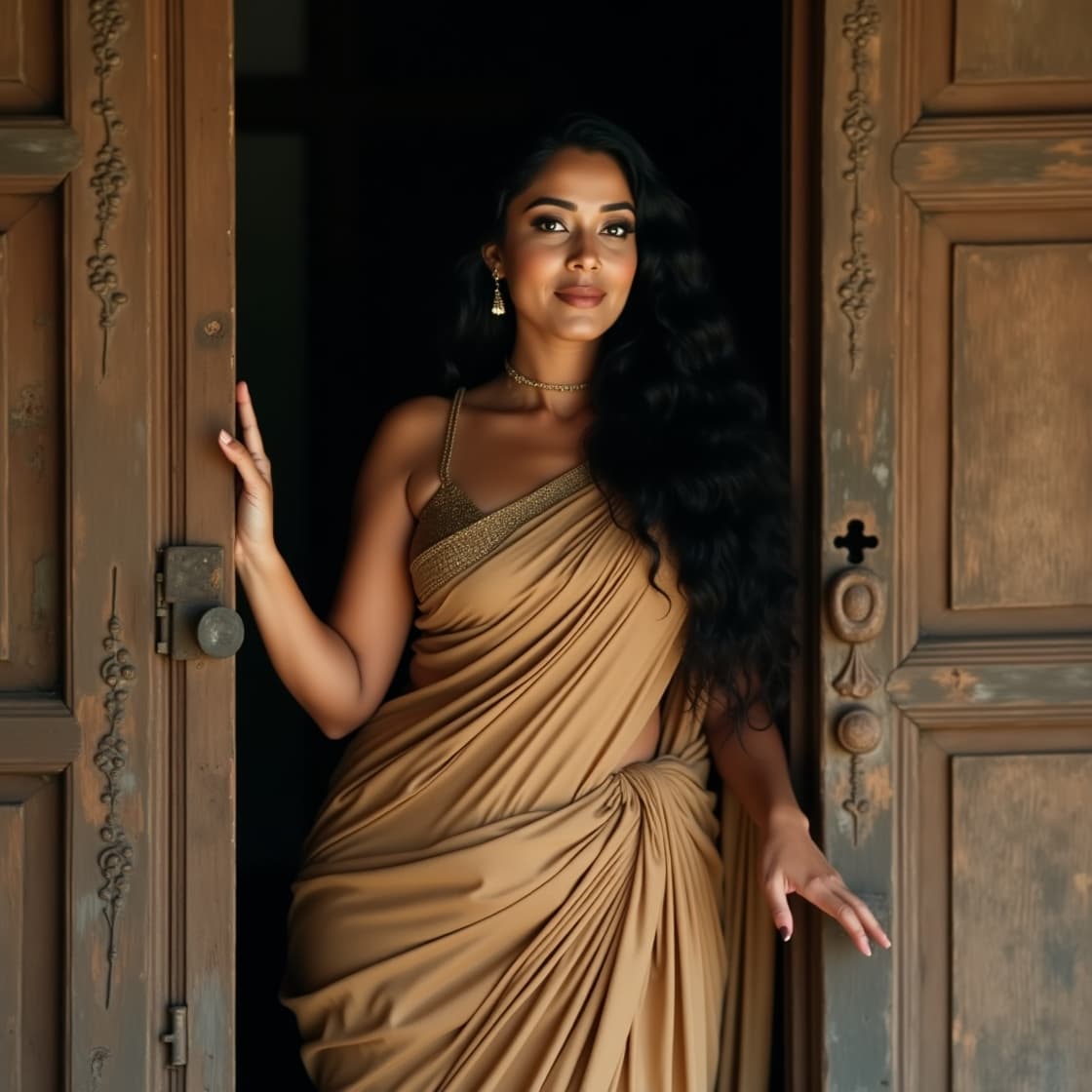 AI generated: A midshot of breathtakingly beautiful, voluptuous Indian woman stands gracefully at the threshold of...