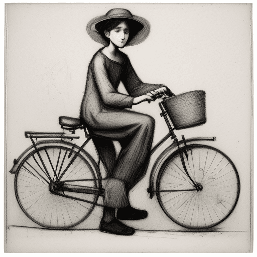 AI generated: an expressionist charcoal sketch by Odilon Redon, drawing, face only, a vintage bicycle, hint of a s...