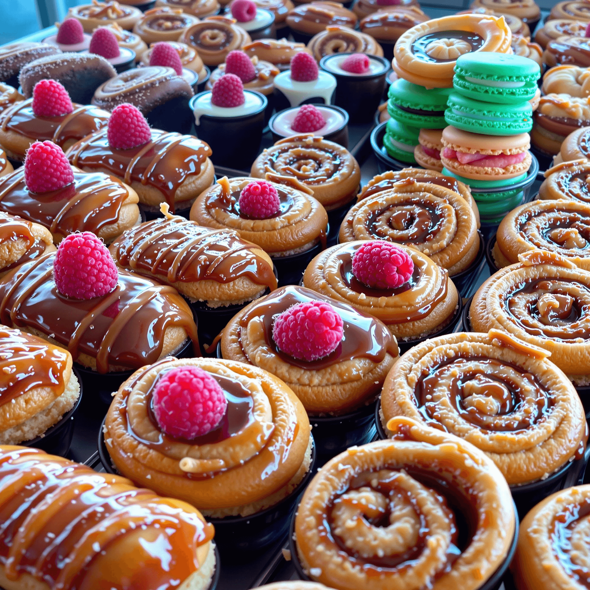AI generated: A close-up of an extravagant dessert buffet overflowing with vibrant, glossy pastriesâglazed Ã©cla...