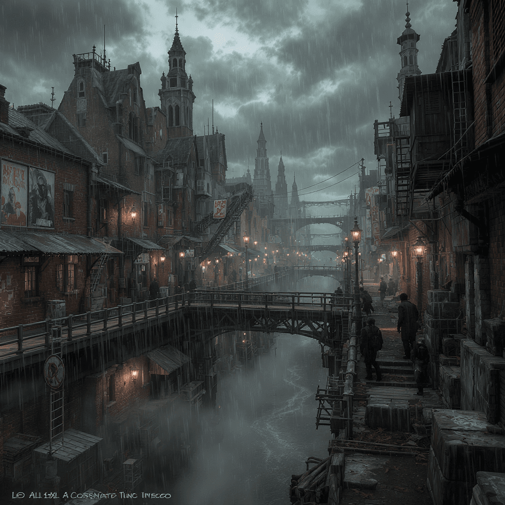 AI generated: Una vista hiperrealista de la ciudad de Timber de Final Fantasy VIII, una ciudad rebelde y melancóli...