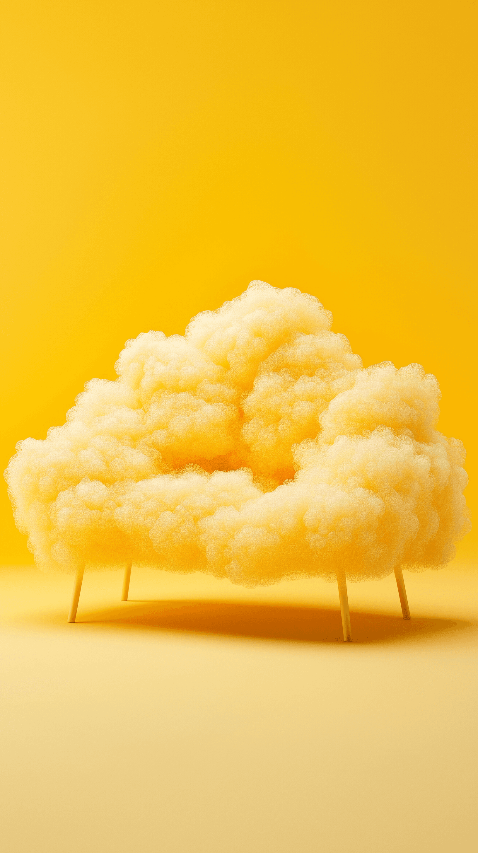 AI generated: productive photography, front view, small fluffy couch, inspired by cloud, yellow material details, ...