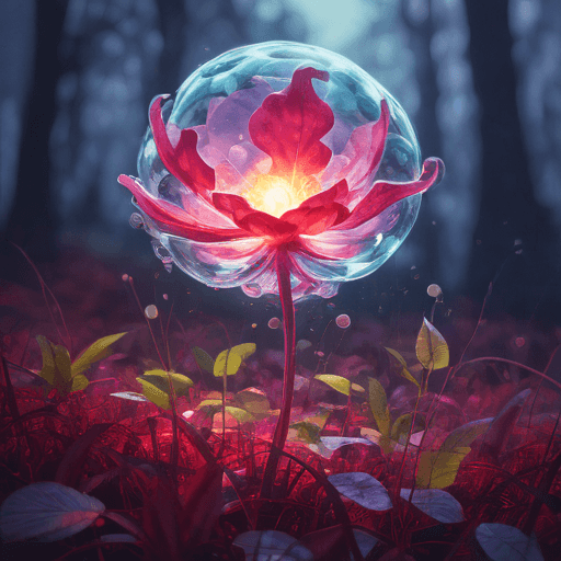 AI generated: psychedelic flower with lightful bubble bloom, standing in forest clearing, digital art