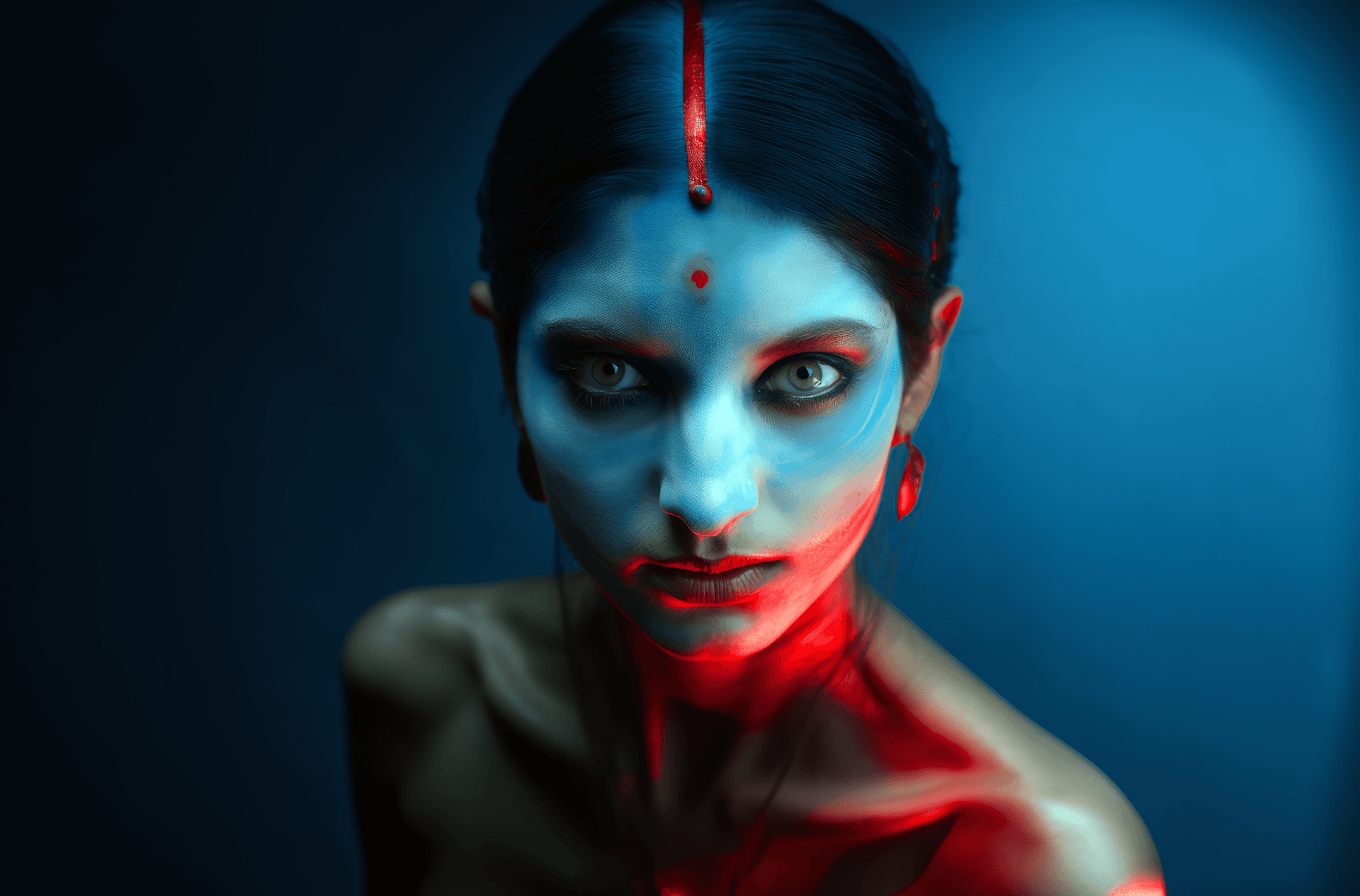 AI generated: woman with red and blue painted eyes on her face, medium shot, in the style of backlit photography, ...