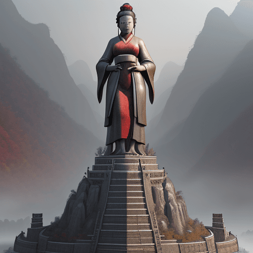 AI generated: a large statue with a woman looking at it, in the style of unreal engine 5, northern china's terrain...