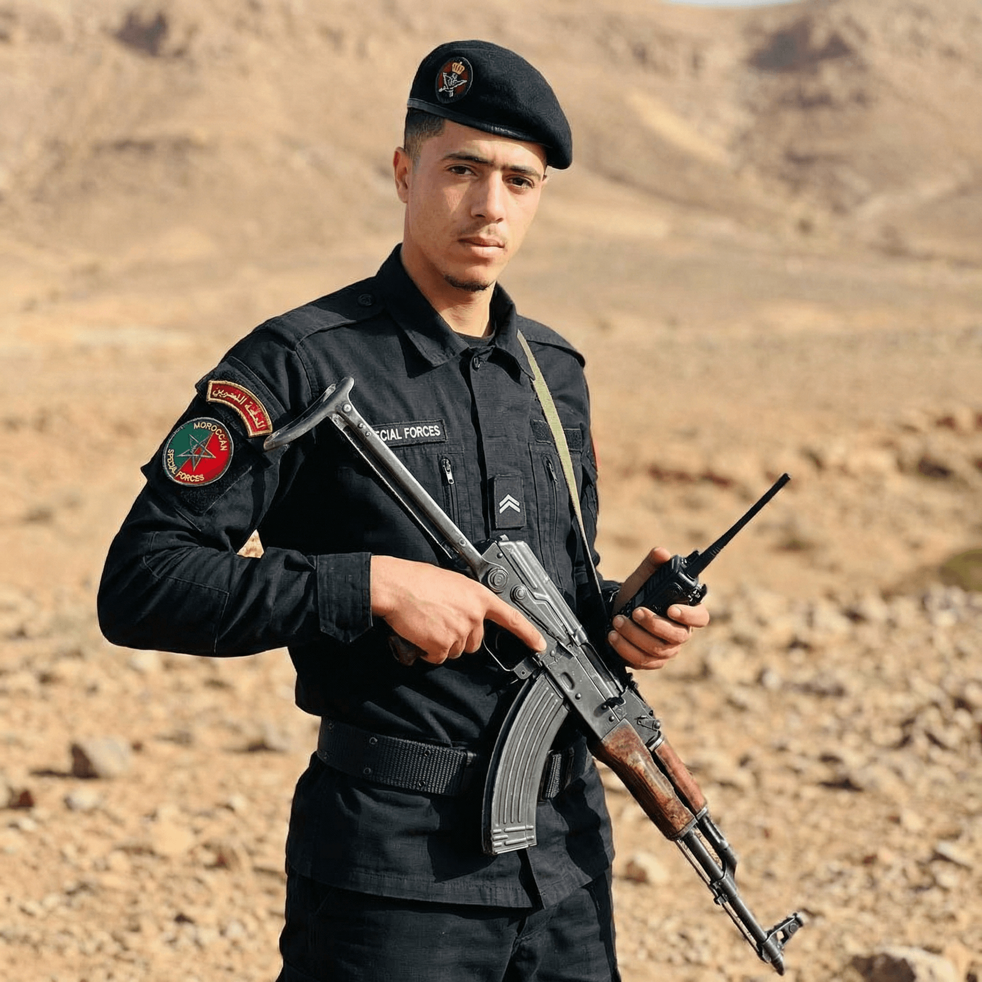 AI generated: Military uniform, Moroccan special forces, black uniform, Kalashnikov weapon, remote communication d...